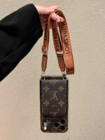 LV Style Monogram Crossbody Phone Case with Flip Card Holder & Adjustable Strap - Image 3