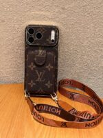 LV Style Monogram Crossbody Phone Case with Flip Card Holder & Adjustable Strap