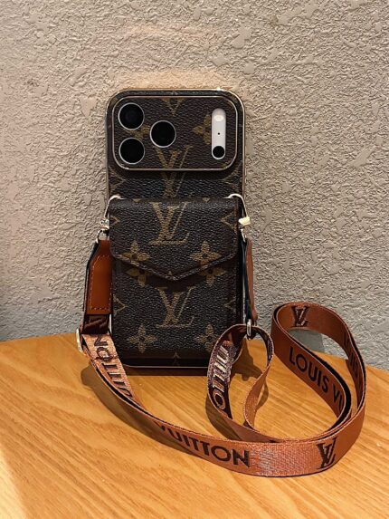 LV-Inspired Monogram Crossbody Card Holder Phone Case with Strap