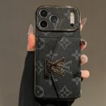 LV Black Vintage Embossed Card Holder Phone Case, Gold Plated Frame Luxury Leather Wallet Cover with Snap Button Card Slot - Image 4