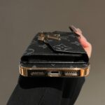 LV Black Vintage Embossed Card Holder Phone Case, Gold Plated Frame Luxury Leather Wallet Cover with Snap Button Card Slot - Image 7