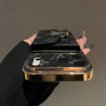 LV Black Vintage Embossed Card Holder Phone Case, Gold Plated Frame Luxury Leather Wallet Cover with Snap Button Card Slot - Image 6