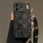 LV Black Vintage Embossed Card Holder Phone Case, Gold Plated Frame Luxury Leather Wallet Cover with Snap Button Card Slot