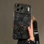 LV Black Vintage Embossed Card Holder Phone Case, Gold Plated Frame Luxury Leather Wallet Cover with Snap Button Card Slot - Image 2