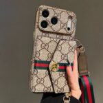 Vintage GG Print Wallet Phone Case With Card Slot & Detachable Strap, Gold Plated Frame Luxury Leather Cover