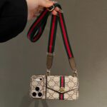 Vintage GG Print Wallet Phone Case With Card Slot & Detachable Strap, Gold Plated Frame Luxury Leather Cover - Image 2