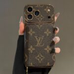LV Classic Monogram Zipper Wallet Phone Case, Gold Electroplated Frame Luxury PU Leather Card Pocket Shockproof Cover