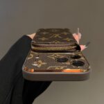 LV Classic Monogram Zipper Wallet Phone Case, Gold Electroplated Frame Luxury PU Leather Card Pocket Shockproof Cover - Image 4
