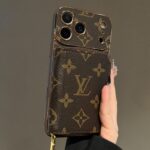 LV Classic Monogram Zipper Wallet Phone Case, Gold Electroplated Frame Luxury PU Leather Card Pocket Shockproof Cover - Image 2