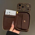 LV Classic Monogram Zipper Wallet Phone Case, Gold Electroplated Frame Luxury PU Leather Card Pocket Shockproof Cover - Image 5