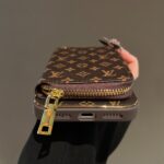 LV Vintage Monogram Zipper Wallet Phone Case | Gold Plated Frame Luxury Leather Card Pocket Shockproof Case - Image 3