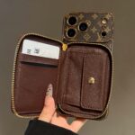 LV Vintage Monogram Zipper Wallet Phone Case | Gold Plated Frame Luxury Leather Card Pocket Shockproof Case - Image 4