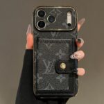 LV Black Monogram Card Slot Phone Case with Detachable Hand Strap, Gold Plated Frame Luxury Leather Wallet Phone Cover - Image 4