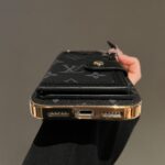 LV Black Monogram Card Slot Phone Case with Detachable Hand Strap, Gold Plated Frame Luxury Leather Wallet Phone Cover - Image 6