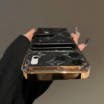 LV Black Monogram Card Slot Phone Case with Detachable Hand Strap, Gold Plated Frame Luxury Leather Wallet Phone Cover - Image 7