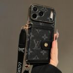 LV Black Monogram Card Slot Phone Case with Detachable Hand Strap, Gold Plated Frame Luxury Leather Wallet Phone Cover - Image 2