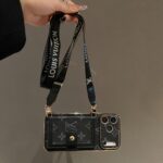 LV Black Monogram Card Slot Phone Case with Detachable Hand Strap, Gold Plated Frame Luxury Leather Wallet Phone Cover - Image 3