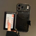LV Black Monogram Card Slot Phone Case with Detachable Hand Strap, Gold Plated Frame Luxury Leather Wallet Phone Cover - Image 5
