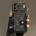 LV Black Monogram Card Slot Phone Case with Detachable Hand Strap, Gold Plated Frame Luxury Leather Wallet Phone Cover