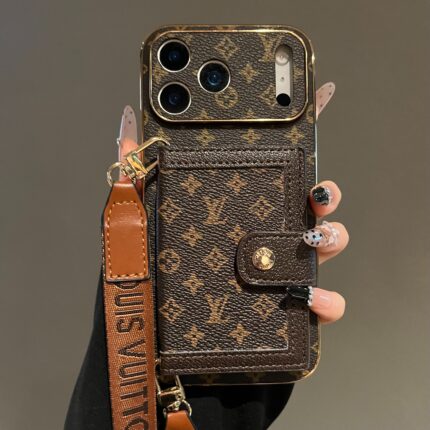 LV Vintage Monogram Card Pocket Phone Case, Electroplated Gold Frame Luxury Leather Wallet Cover With Snap Button Card Slot