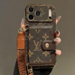 LV Classic Monogram Card Holder Phone Case with Detachable Wrist Strap, Electroplated Frame Luxury PU Leather Wallet Case