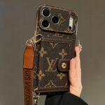 LV Classic Monogram Card Holder Phone Case with Detachable Wrist Strap, Electroplated Frame Luxury PU Leather Wallet Case - Image 2