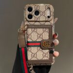 Vintage GG Print Card Holder Phone Case | Luxury PU Leather Wallet Case with Card Slot, Electroplated Frame Shockproof Cover
