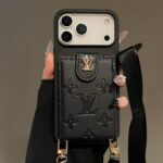 Luxury LV Embossed Card Holder Phone Case with Wrist Strap | Premium Leather Wallet Phone Cover - Image 4