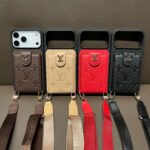 Luxury LV Embossed Card Holder Phone Case with Wrist Strap | Premium Leather Wallet Phone Cover